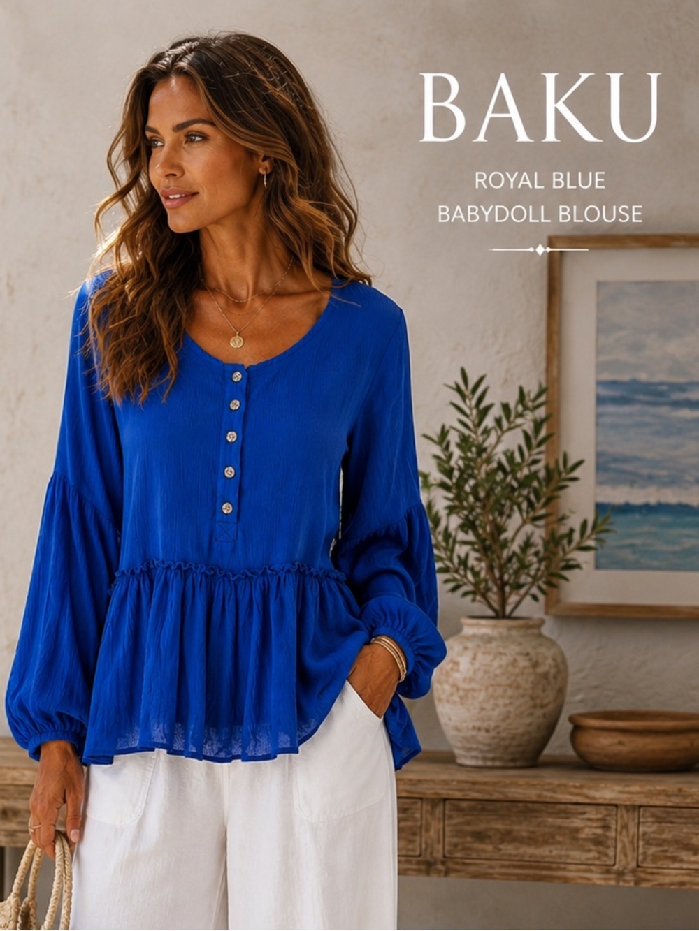 ⭐️Baku,Royal Blue Babydoll Blouse, Beautiful Lines, Excellent Condition, Size S